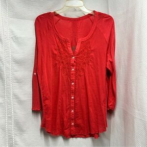 Nine West Red 3/4 Sleeve‎ Button Down Blouse
